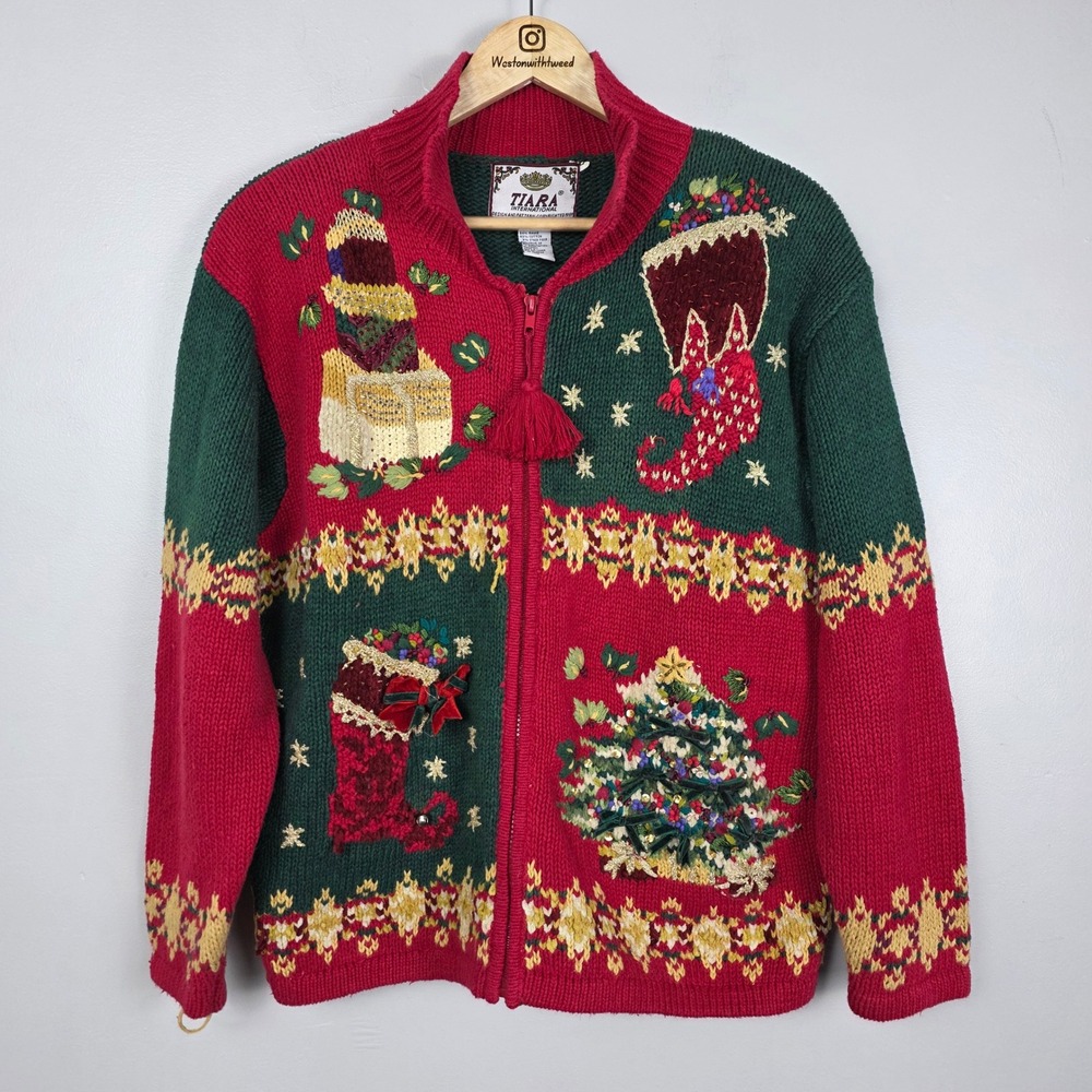 Tiara International Vintage 1999 Christmas Zip Up Sweater Red Green Large